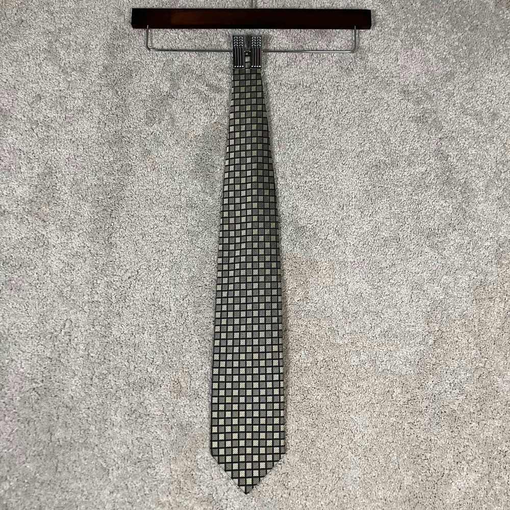 Chas Reed & Co Collection Mens Silk Tie Navy Gold Geometric Check Handmade Korea